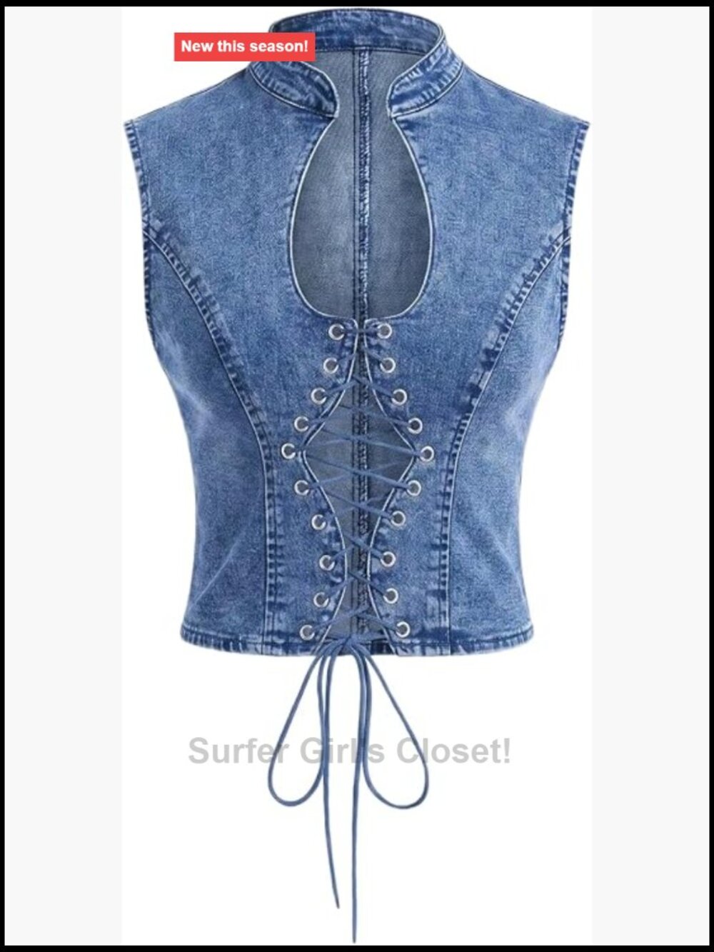 Cut Out Lace Up Denim Tank Top Mock Neck Sleeveless Jean Crop Top Y2K